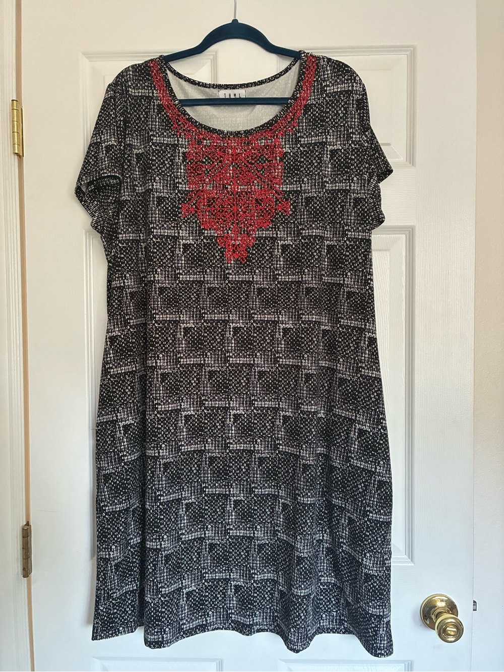 THML Black & White Printed Dress with red accents.